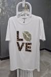 BAYAN LOVE YAZILI LEOPARLI TİŞÖRT  Beyaz