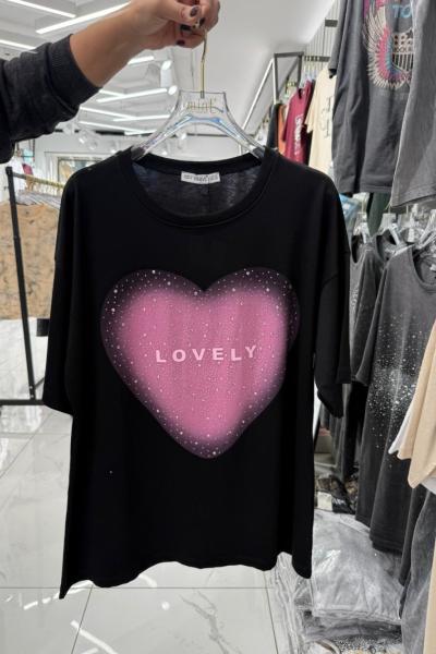 Bayan Lovely Kalpli Tşört Siyah