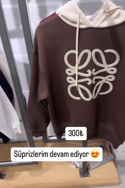 Bayan Love Kapşonlu Sweat Kahverengi Bej