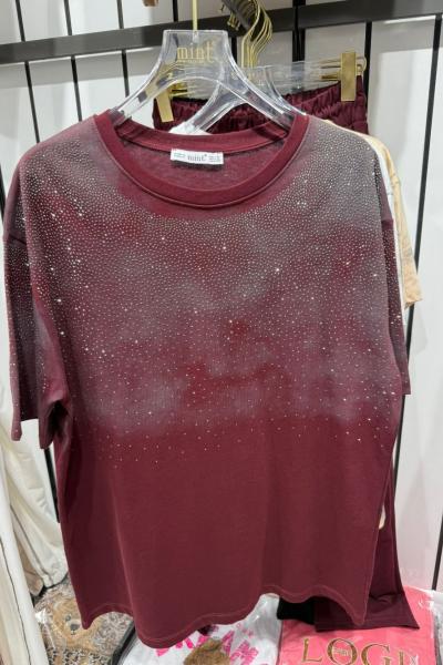 Bayan Omuz Taşlı Tişört Bordo