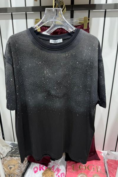 Bayan Omuz Taşlı Tişört Siyah