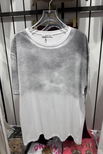 Bayan Omuz Taşlı Tişört Beyaz