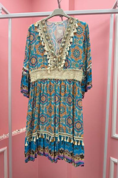 BAYAN OTANTİK V YAKA PÜSKÜL DETAY KISA ELBİSE  Mavi