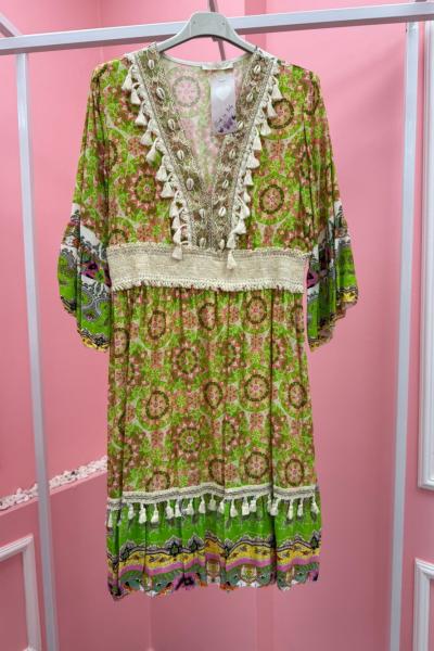 BAYAN OTANTİK V YAKA PÜSKÜL DETAY KISA ELBİSE  Yeşil