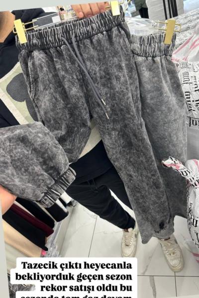 Bayan Paça Lastikli Yıkamalı Pantolon Gri