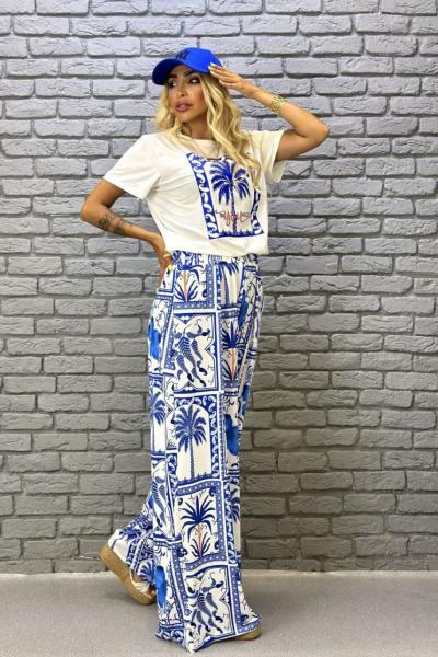 BAYAN PALMİYE AĞAÇ BASKILI İKİLİ TASARIM TAKIM  Mavi