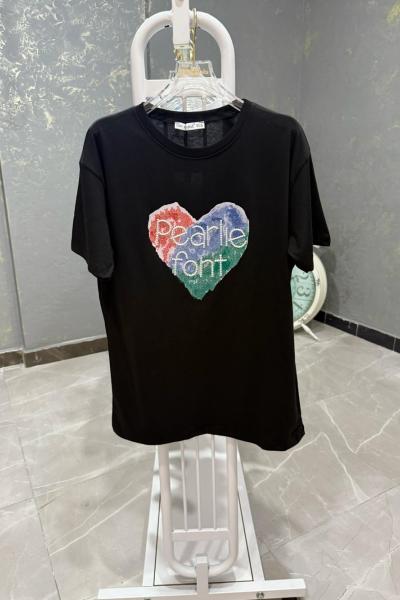 BAYAN PEARLİE FONT YAZILI TİŞÖRT  Siyah