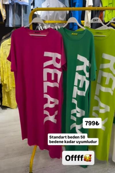 BAYAN RELAX YAZILI ELBİSE  Pembe