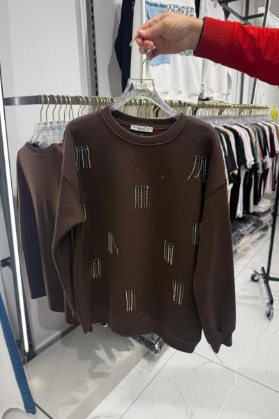Bayan sarkık taşlı Sweat Kahverengi