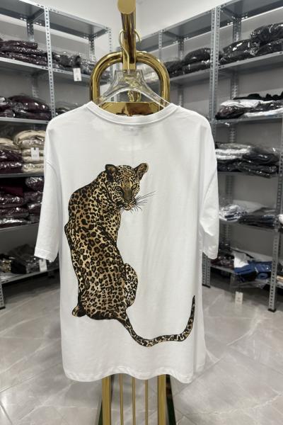 Bayan Sırt  bonita yazılı Kaplan Baskılı Tişört  Beyaz