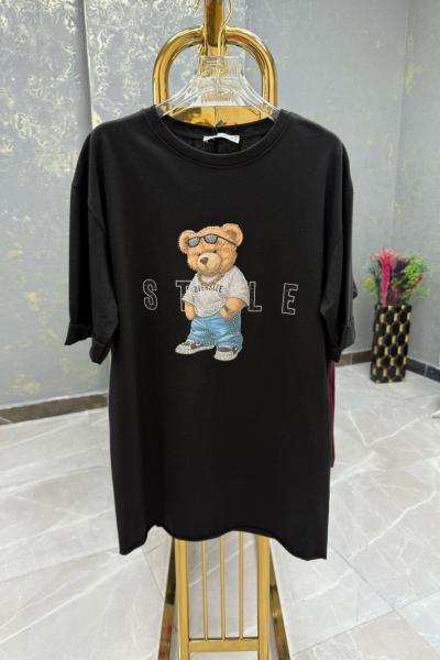 BAYAN STYLE YAZILI AYICIKLI TİŞÖRT  Siyah