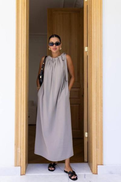 BAYAN TANSEL KUMAS UZUN ELBİSE Gri