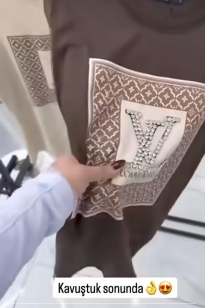 Bayan Taşlı LV Tişört  Acı Kahve