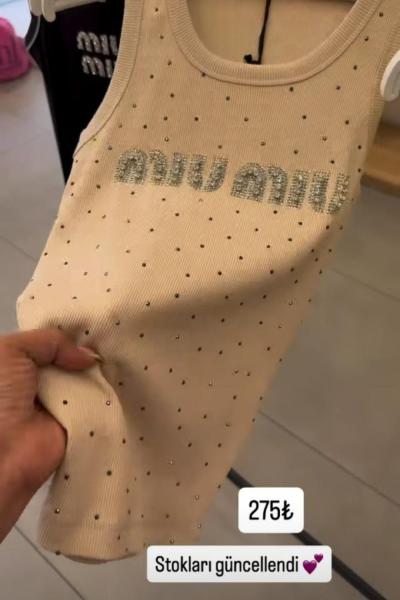 BAYAN TAŞLI MIU YAZILI ATLET Bej