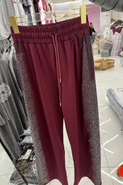 Bayan Taşlı Tasarım Pantolon  Bordo