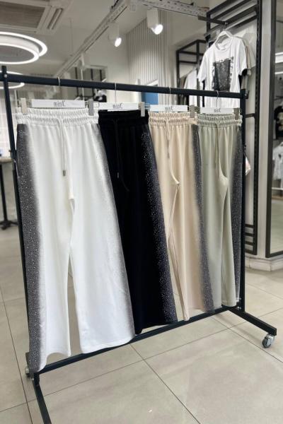 Bayan Taşlı Tasarım Pantolon  Krem