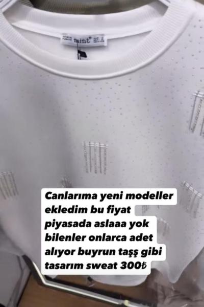 Bayan sarkık taşlı Sweat Beyaz