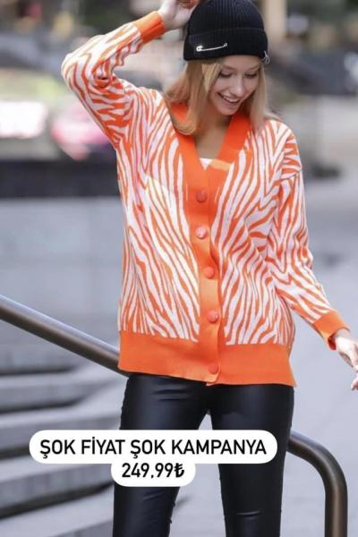 Bayan Turuncu Beyaz Çizgili Triko Ceket Turuncu