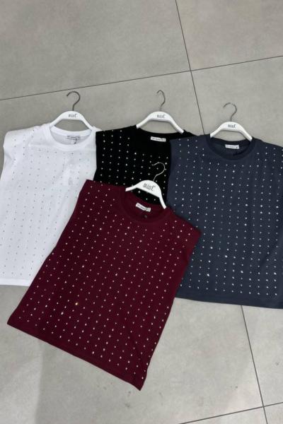 BAYAN VATKALI ÖN FULL TAŞLI TİŞÖRT  Antrasit