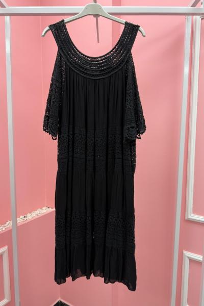 BAYAN YAKA VE KOL DETAY İTHAL ELBİSE  Siyah