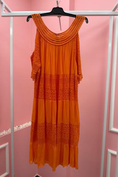 BAYAN YAKA VE KOL DETAY İTHAL ELBİSE  Turuncu