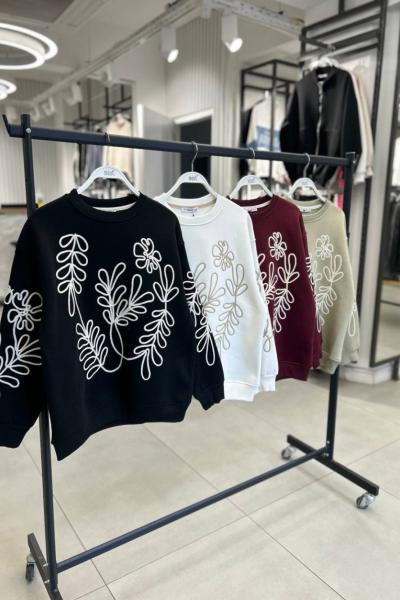 Bayan Yaprak Desenli Sweatshirt  Beyaz