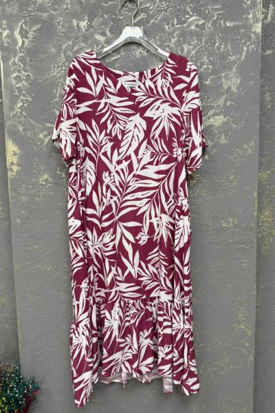 BAYAN YAPRAK DESEN ELBİSE  Fuşya