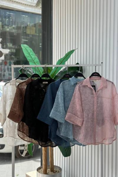 BAYAN YARIM KOL JAKARLI GÖMLEK Kahverengi