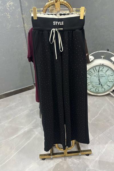 BAYAN YENİ ÖN FUL TAŞLI PANTOLON  Siyah