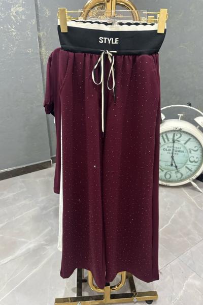 BAYAN YENİ ÖN FUL TAŞLI PANTOLON  Bordo