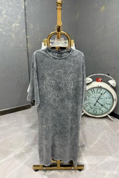 BAYAN YIKAMALI ASLAN BASKILI ELBİSE  Gri