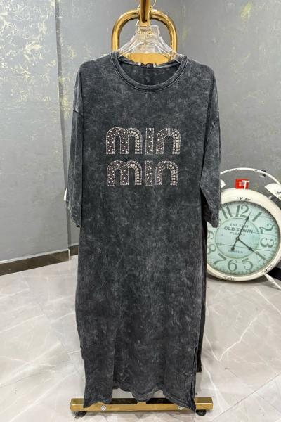 BAYAN YIKAMALI MIU YAZILI ELBİSE  Antrasit