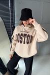 BOSTON YAZILI KAPŞONLU SWEAT  Bej