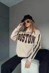 BOSTON YAZILI KAPŞONLU SWEAT  Bej