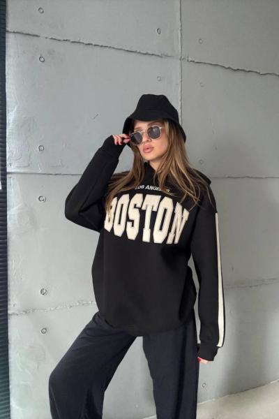 BOSTON YAZILI KAPŞONLU SWEAT  Siyah
