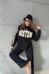 BOSTON YAZILI KAPŞONLU SWEAT  Siyah