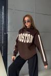 BOSTON YAZILI KAPŞONLU SWEAT  Acı Kahve