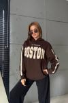 BOSTON YAZILI KAPŞONLU SWEAT  Acı Kahve