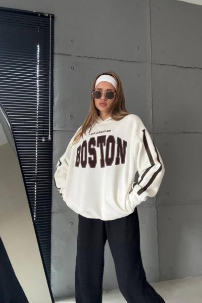 BOSTON YAZILI KAPŞONLU SWEAT  Beyaz
