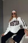 BOSTON YAZILI KAPŞONLU SWEAT  Beyaz