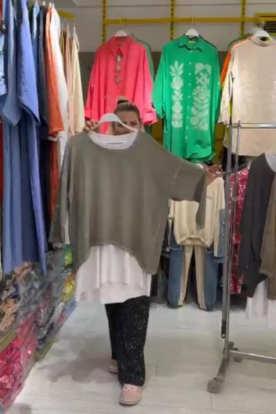 BÜYÜK BEDEN TASARIM ÜST KETEN bluz Haki