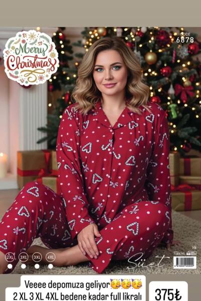 BÜYÜK BEDEN KALP BASTONLU PİJAMA TAKIMI  Kırmızı