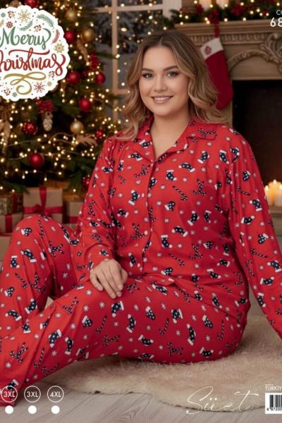 BÜYÜK BEDEN ÇORAP BASTON BASKILI PİJAMA TAKIMI Kırmızı