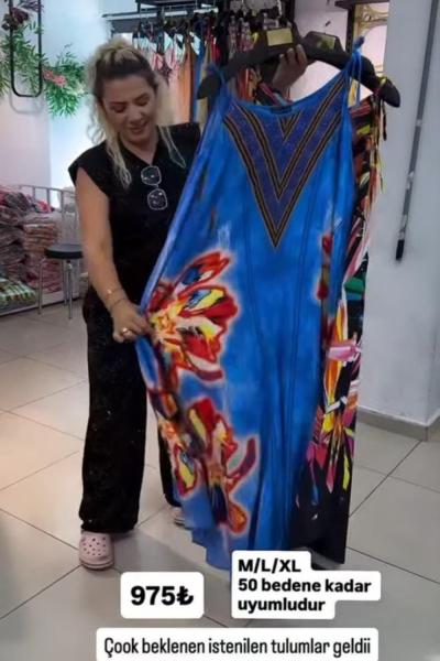 ÇİÇEK DETAYLI DESENLİ BAYAN TULUM Mavi