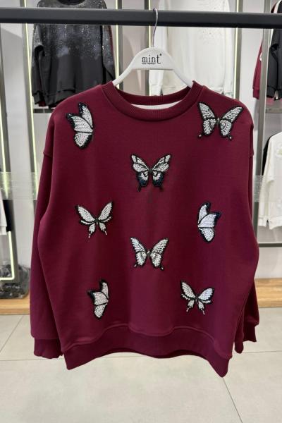 ÇOKLU KELEBEKLİ ŞARDONSUZ SWEAT 65 CM  Bordo