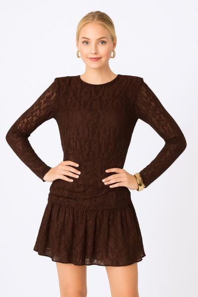DANTELLİ BEL BÜZGÜLÜ KISA ELBİSE  Acı Kahve