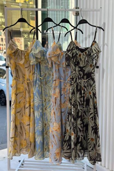 DESENLİ FIRFIR DETAYLI ELBİSE  Sarı