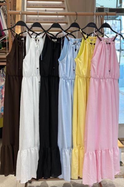 ETEK UCU FIRFIRLI BONCUKLU ELBİSE  Mavi