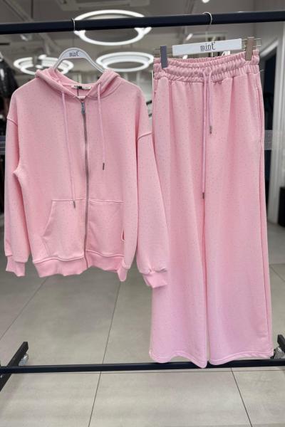 FERMUARLI KAPŞONLU ÖN FULL TAŞLI ŞARDONSUZ İKİLİ TAKIM  Pembe