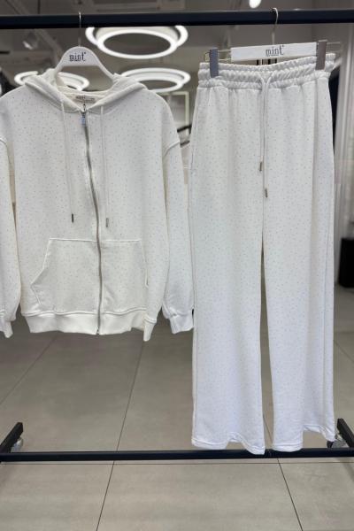 FERMUARLI KAPŞONLU ÖN FULL TAŞLI ŞARDONSUZ İKİLİ TAKIM  Beyaz